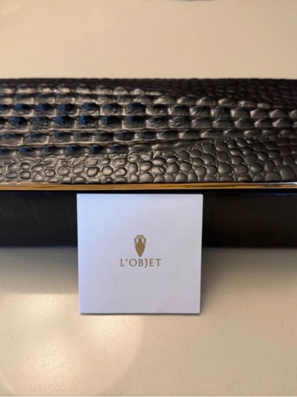 L'Objet Black Crocodile Box with Gold Trim